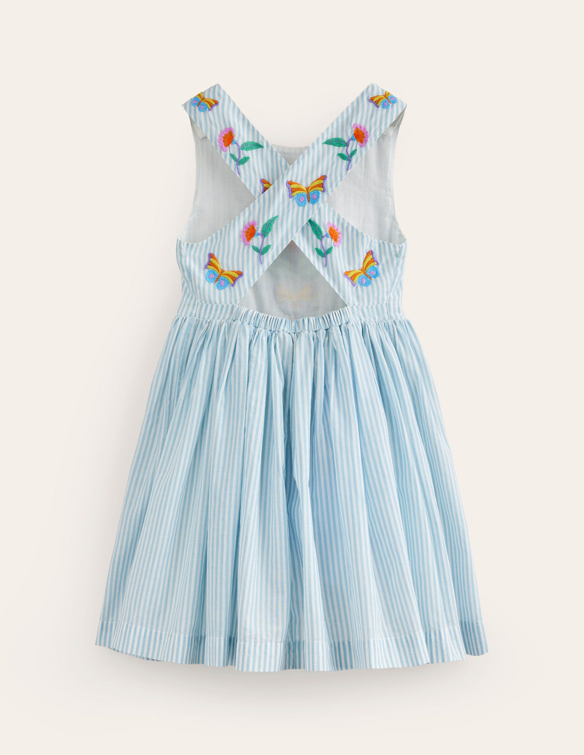Cross-Back Dress-Blue / Ivory Stripe Floral - Image 2