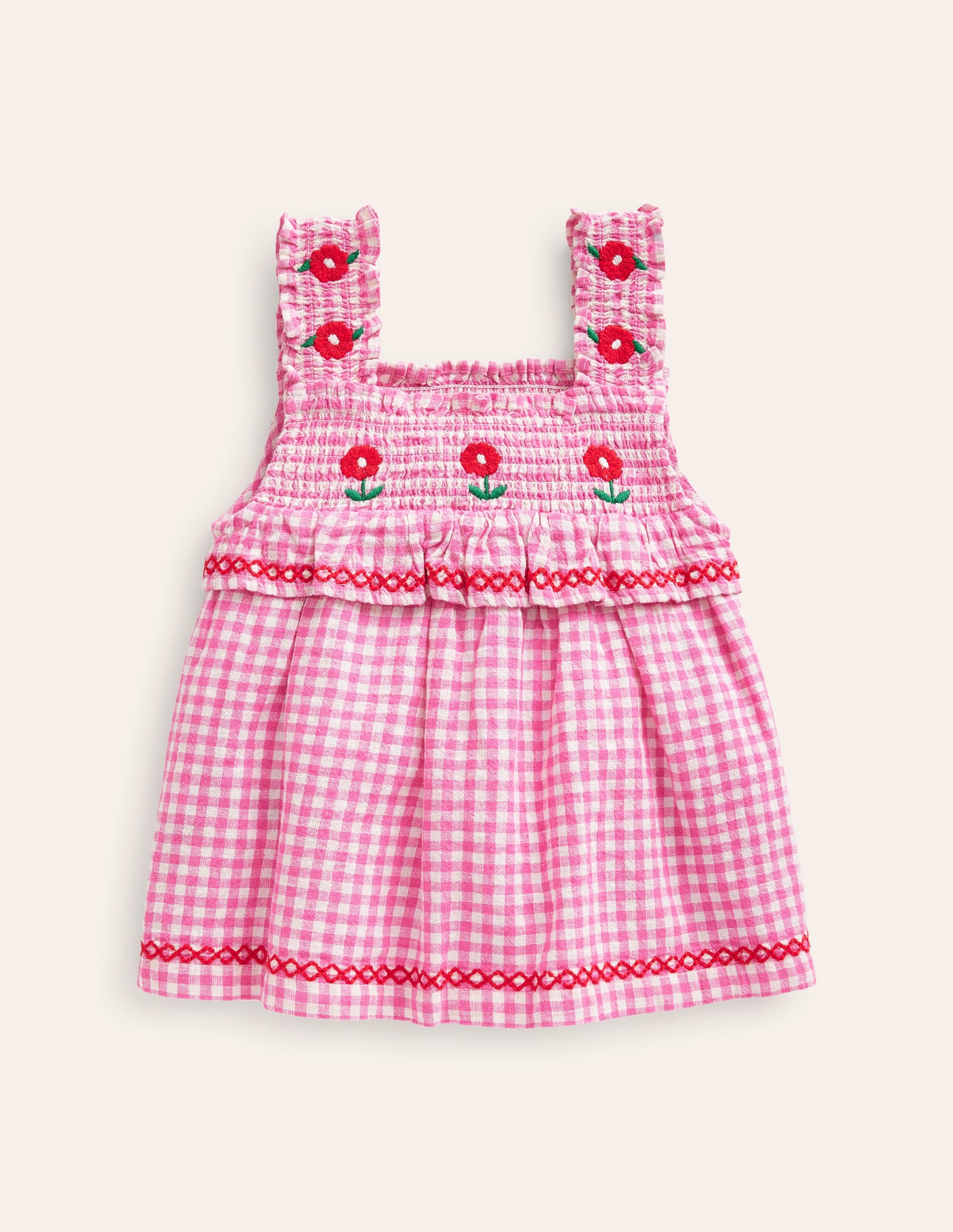 Embroidered Shirred Top-Pink Gingham - Image 2