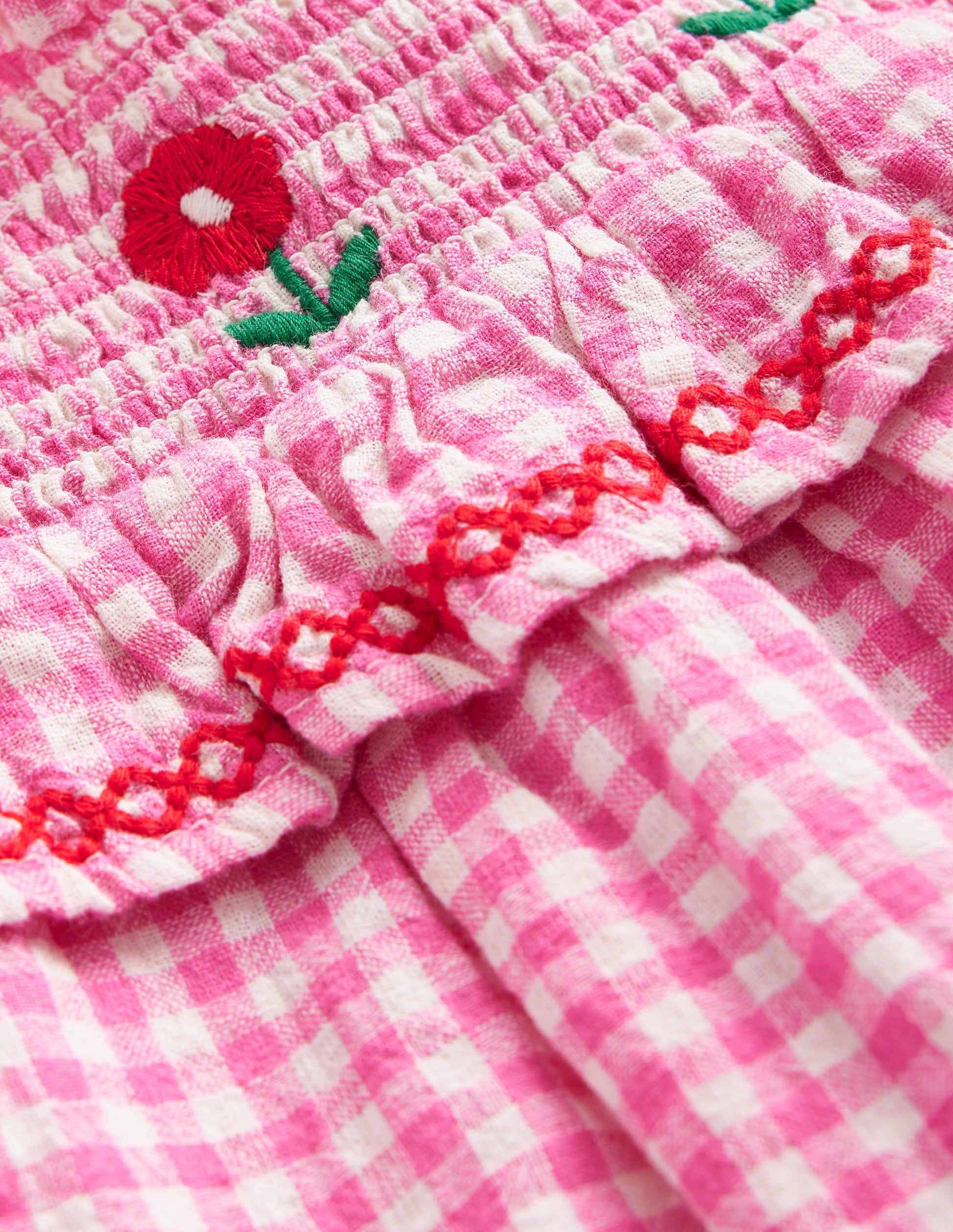 Embroidered Shirred Top-Pink Gingham-3