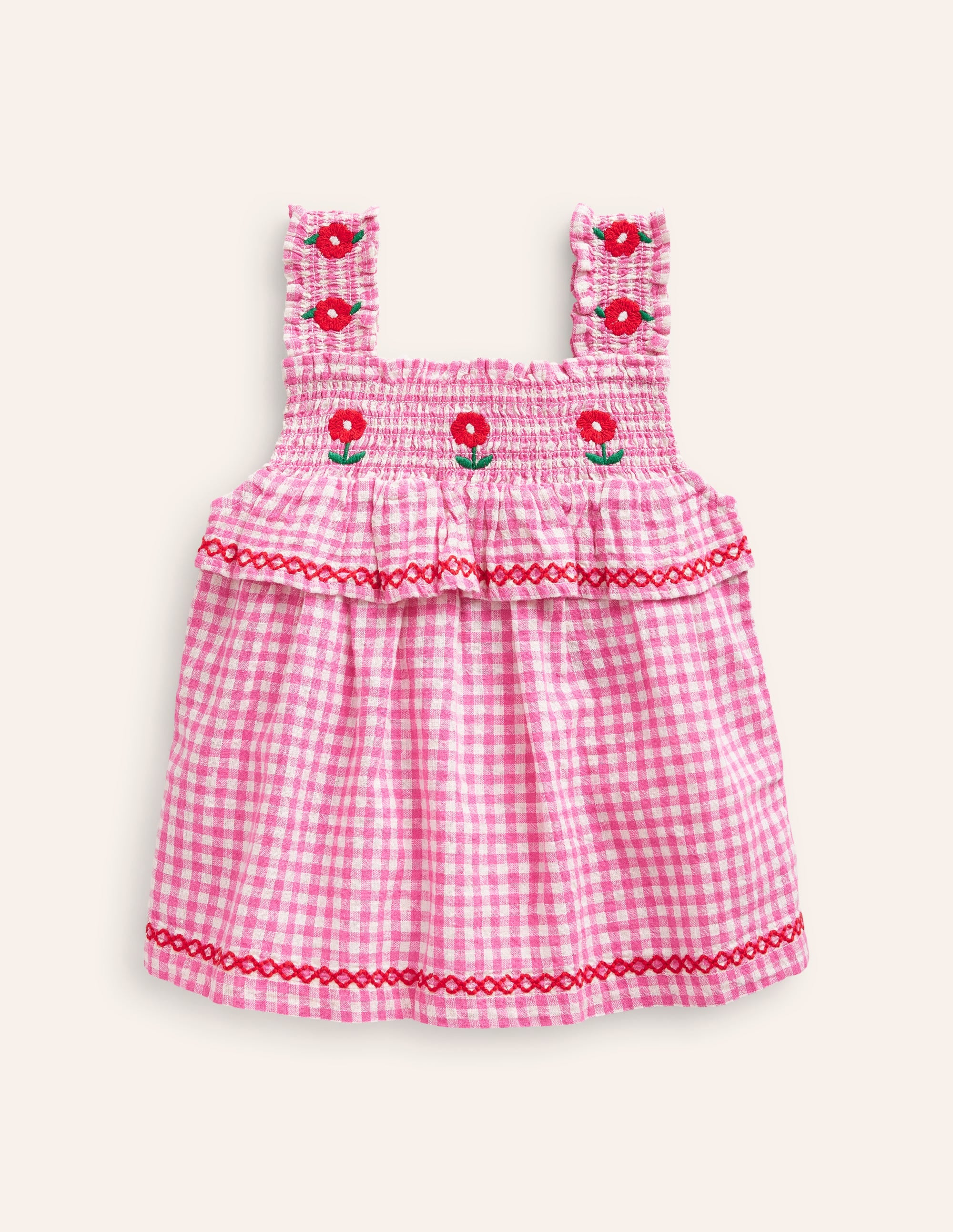 Embroidered Shirred Top-Pink Gingham - Image 1