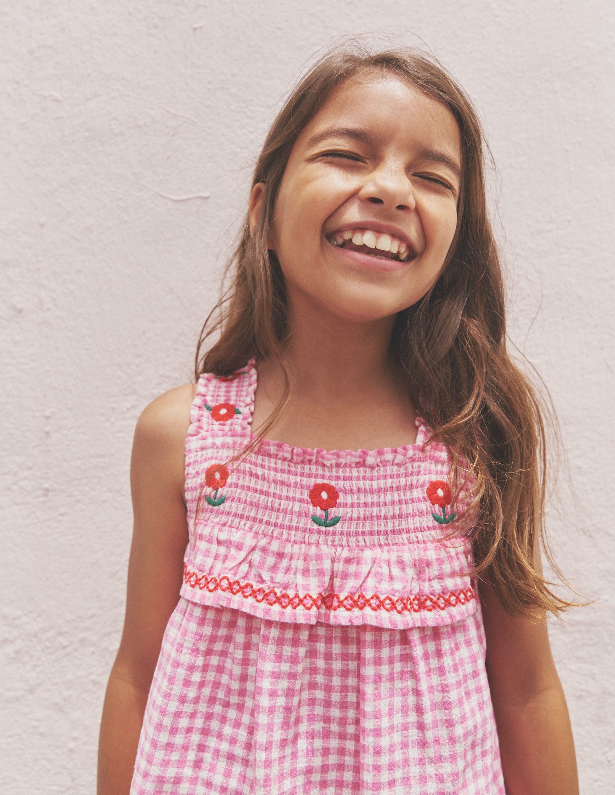 Embroidered Shirred Top-Pink Gingham - Image 4