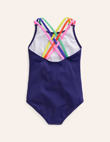 Rainbow Cross-Back Swimsuit-College Navy