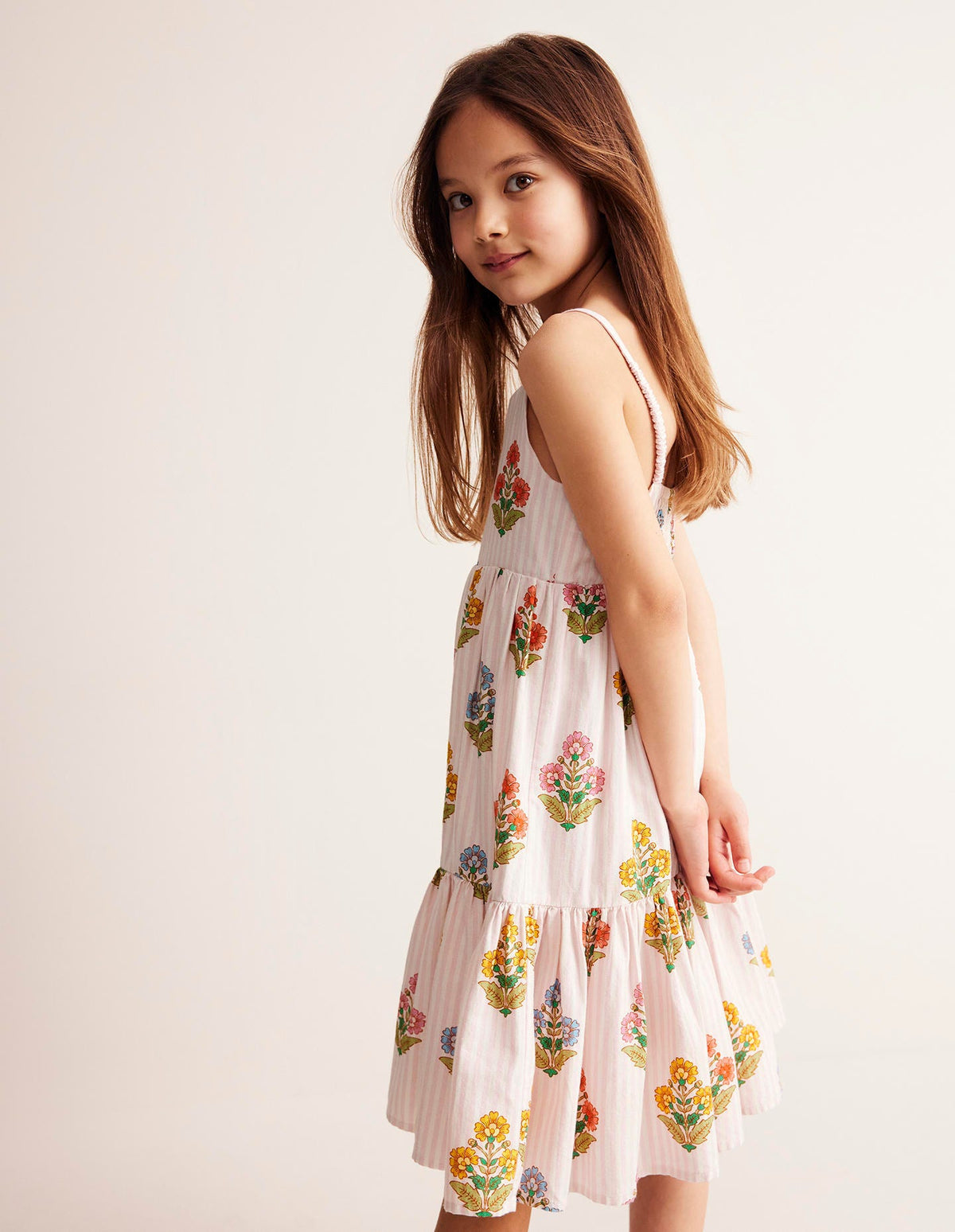 Tiered Twirly Sundress-Pink Woodblock Floral - Image 1