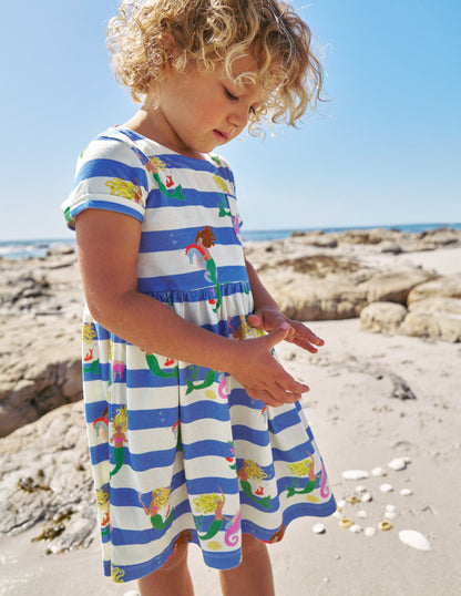 Short-sleeved Fun Jersey Dress-Surf Blue Mermaid Stripe