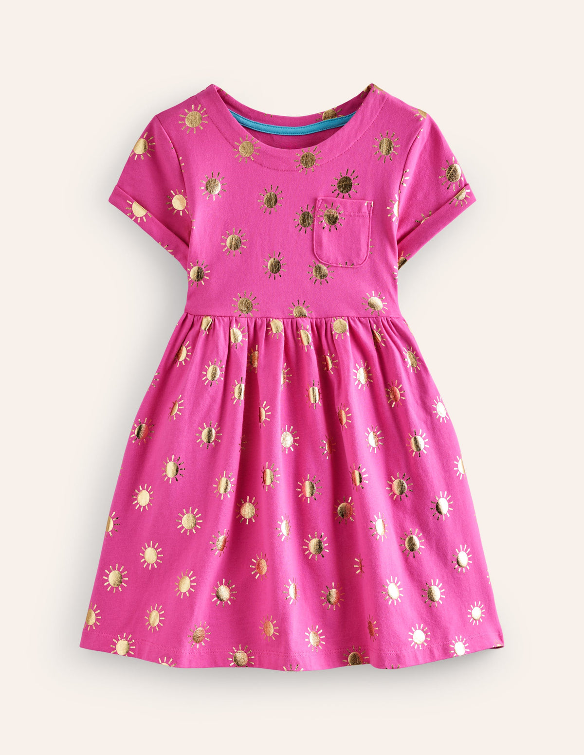 Short-sleeved Fun Jersey Dress-Tickled Pink/Gold Suns - Image 1