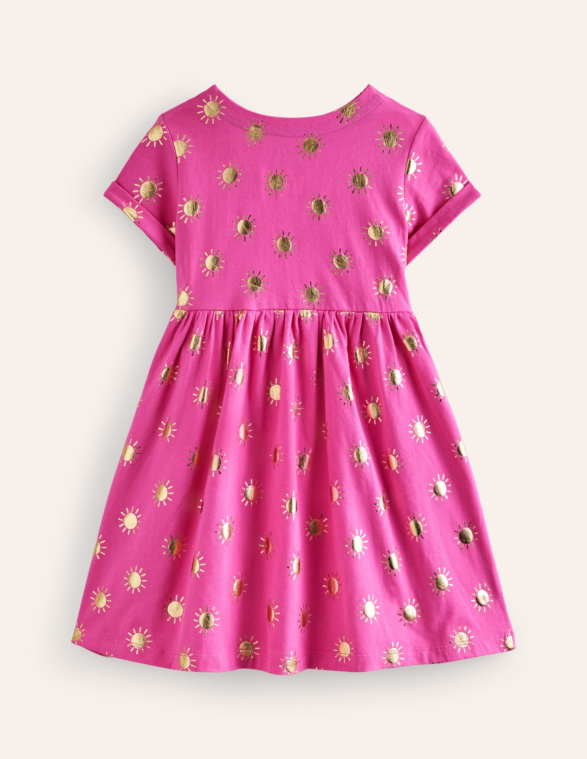 Short-sleeved Fun Jersey Dress-Tickled Pink/Gold Suns - Image 2
