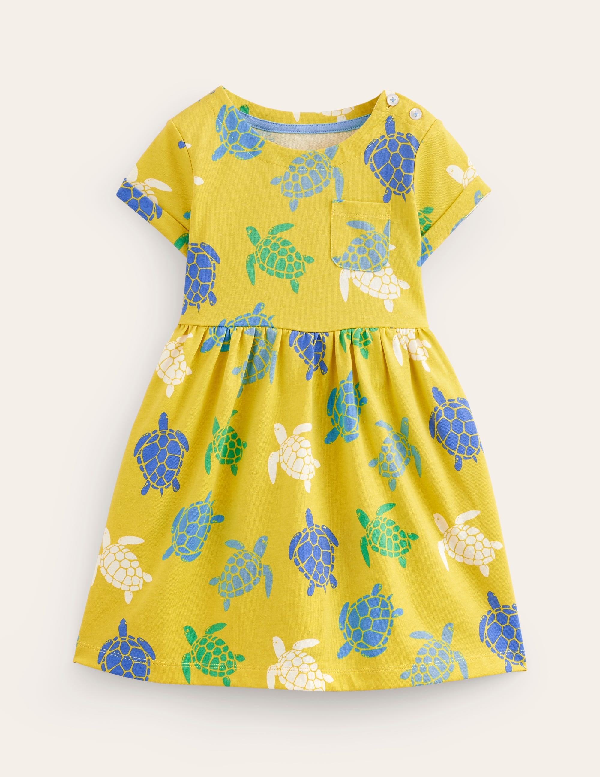 Short-sleeved Fun Jersey Dress-Zest Yellow Turtles - Image 1