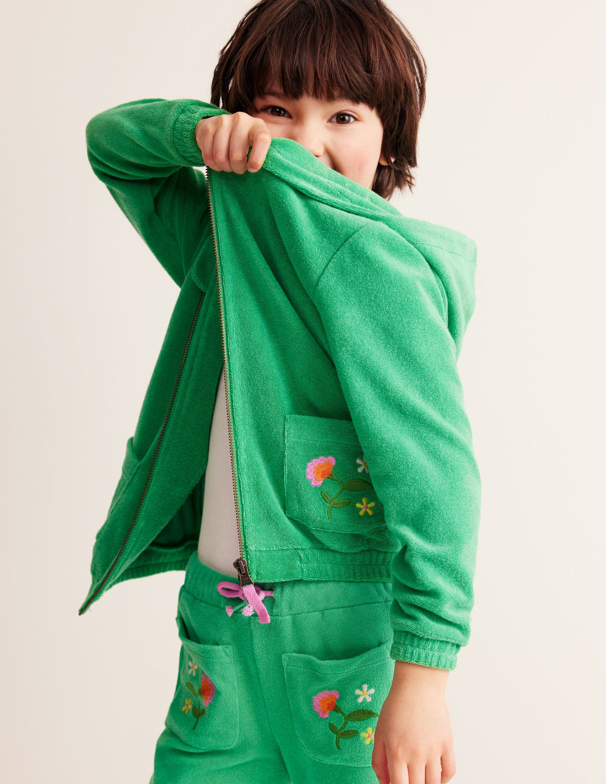Towelling Flare Trousers-Pea green - Image 1