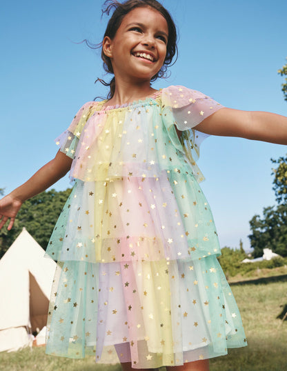 Tiered Tulle Dress-Multi Ombre Gold Foil Star