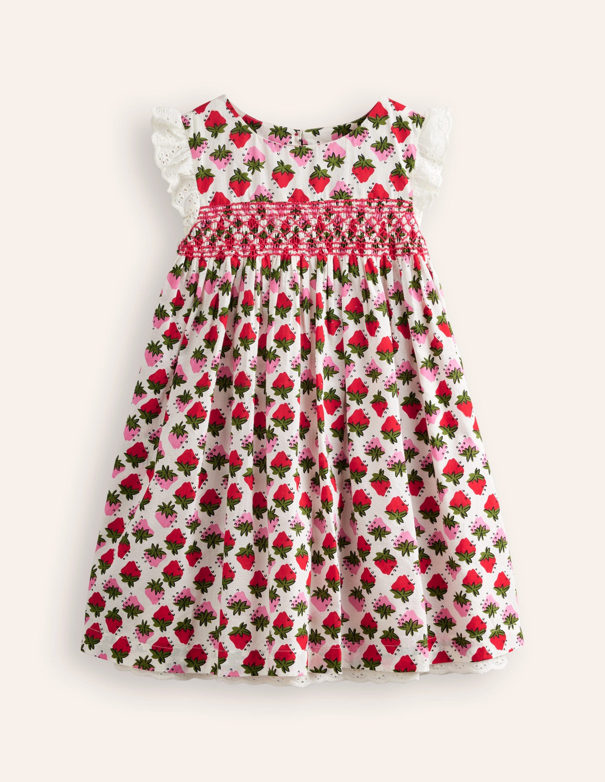 Smocked Lace Trim Dress-Vintage Strawberry Stamp-1