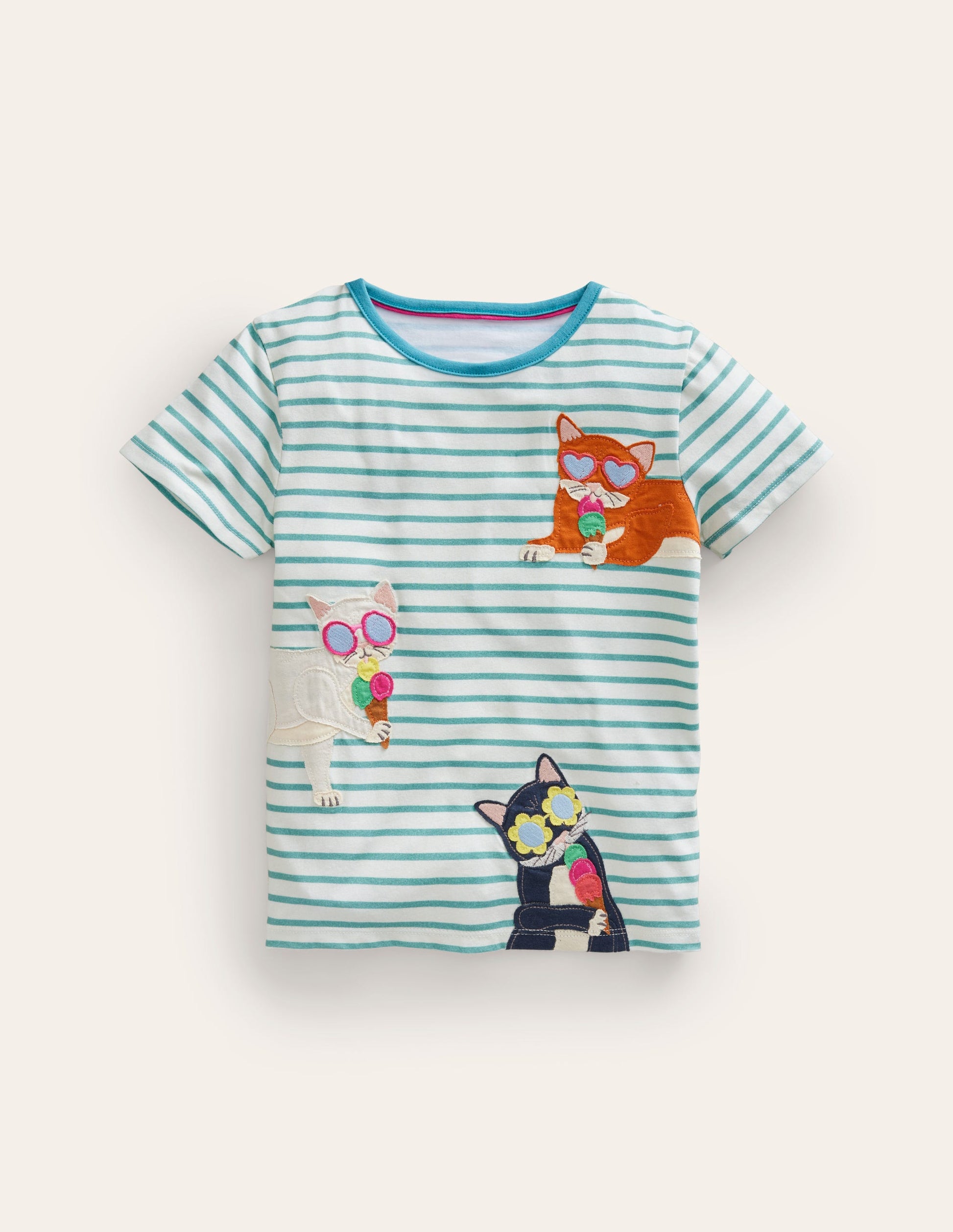 Short Sleeve Appliqué T-shirt-Ivory/ Blue Ice Cream Cat-1