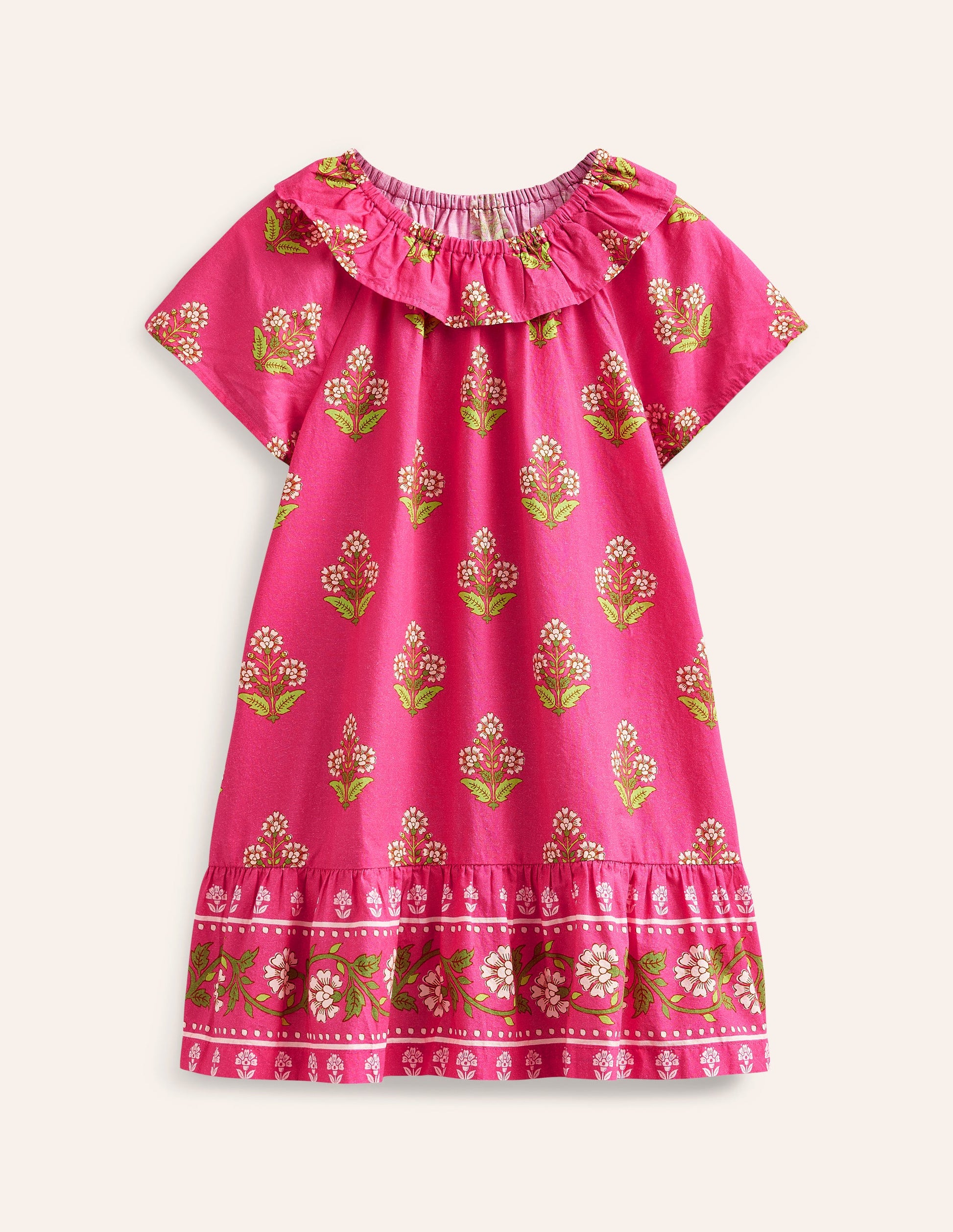 Frill Neck Woven Dress-Pink Small Woodblock-1
