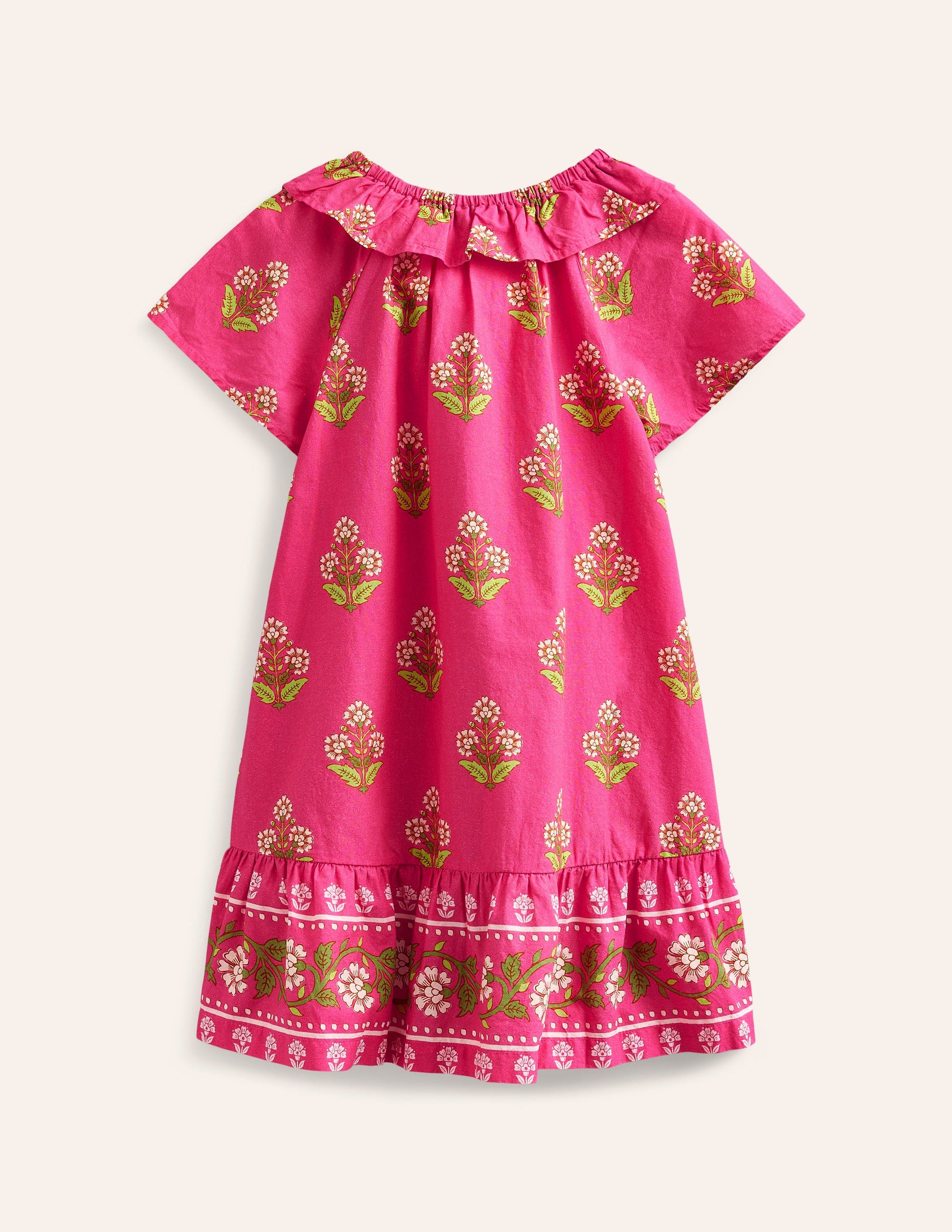 Frill Neck Woven Dress-Pink Small Woodblock-2