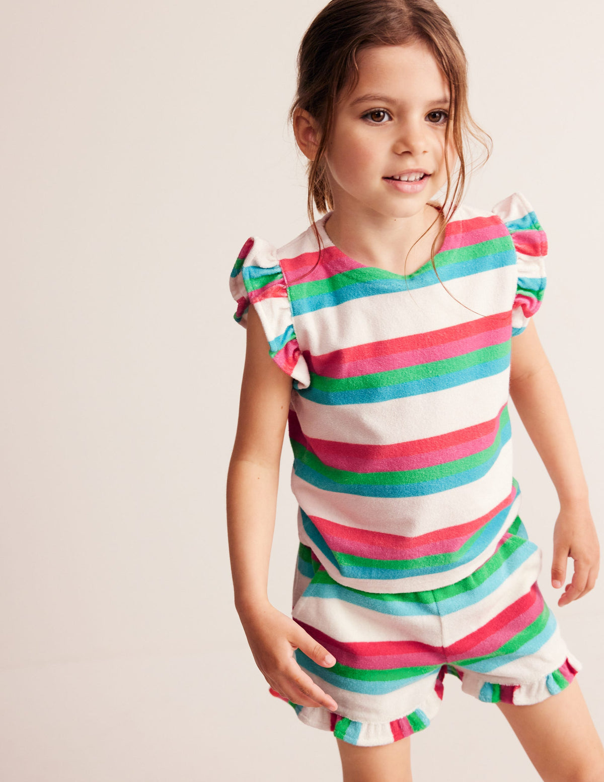 Frill Sleeve Towelling Top-Multistripe-1