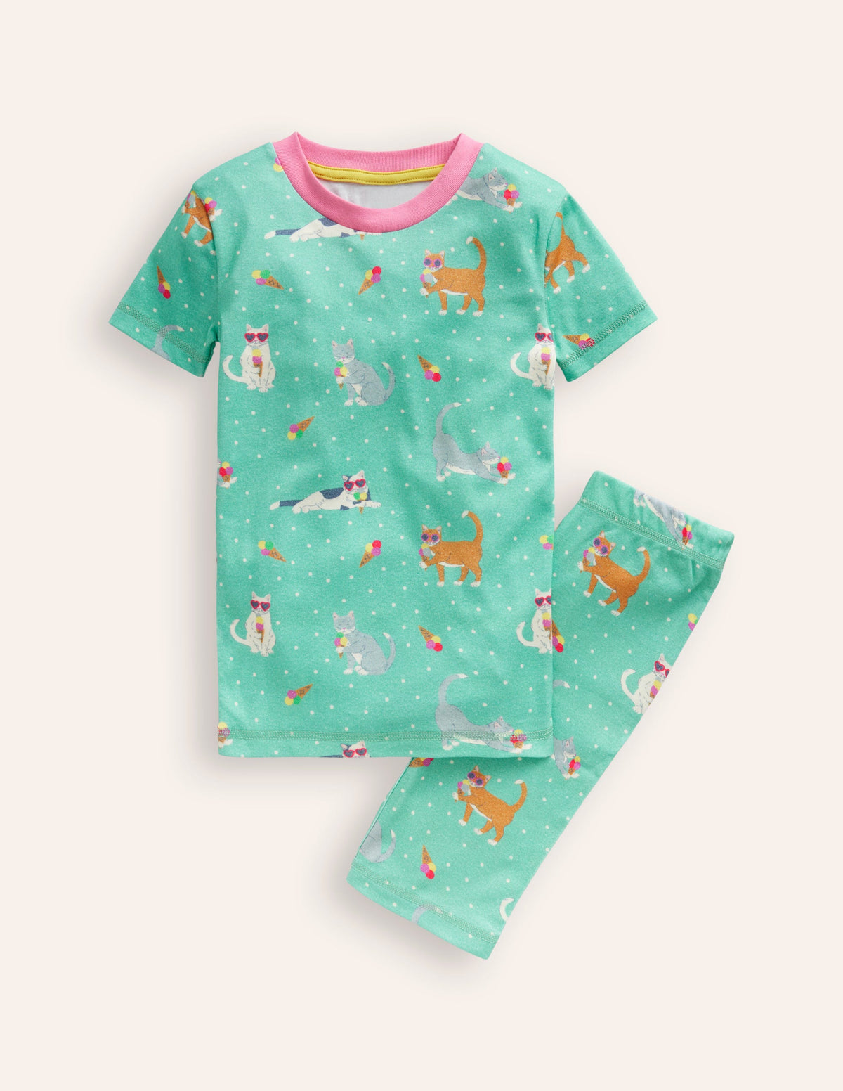 Snug Short John Pajamas-Aqua Sea Blue Holiday Cats - Image 1