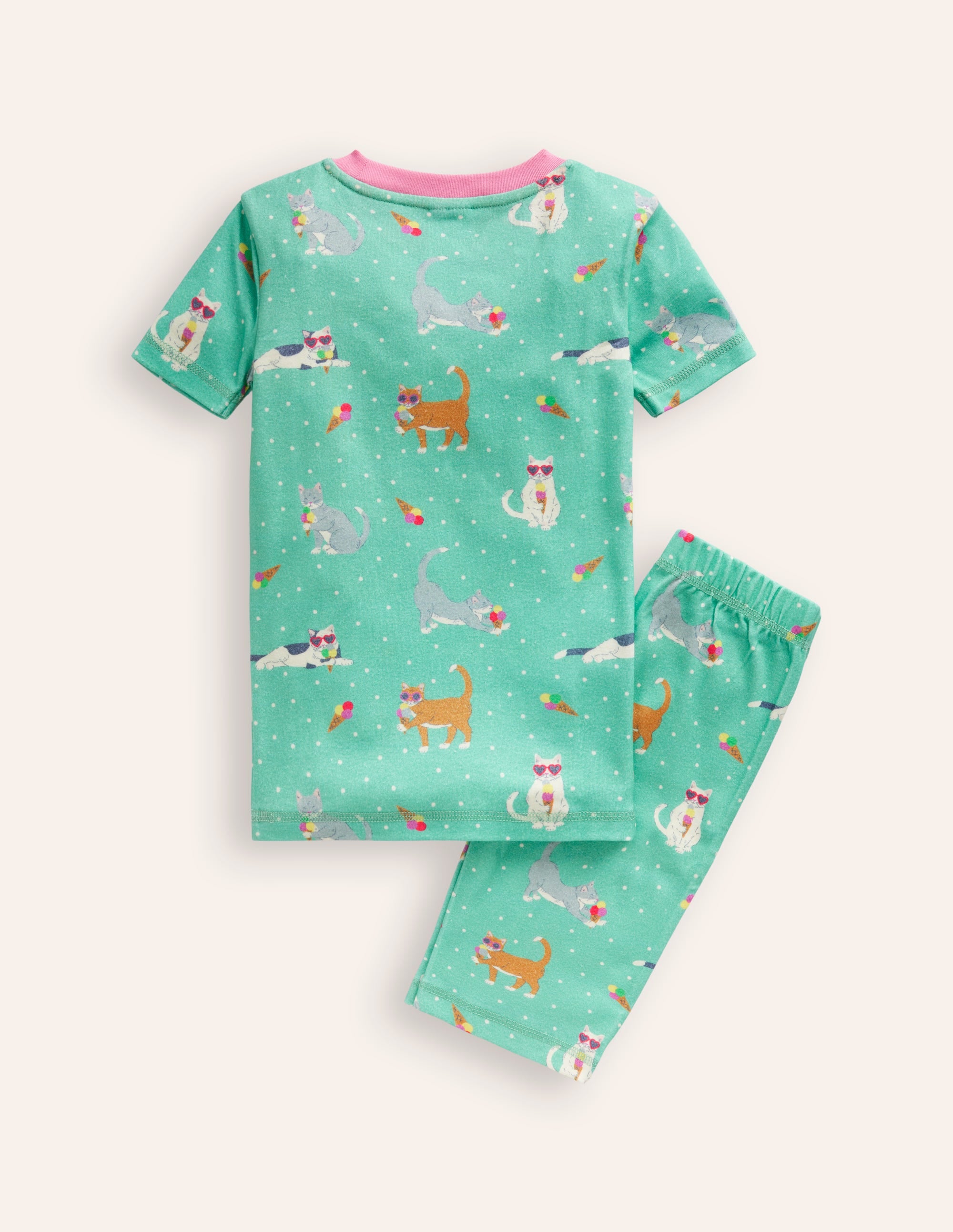 Snug Short John Pajamas-Aqua Sea Blue Holiday Cats - Image 2