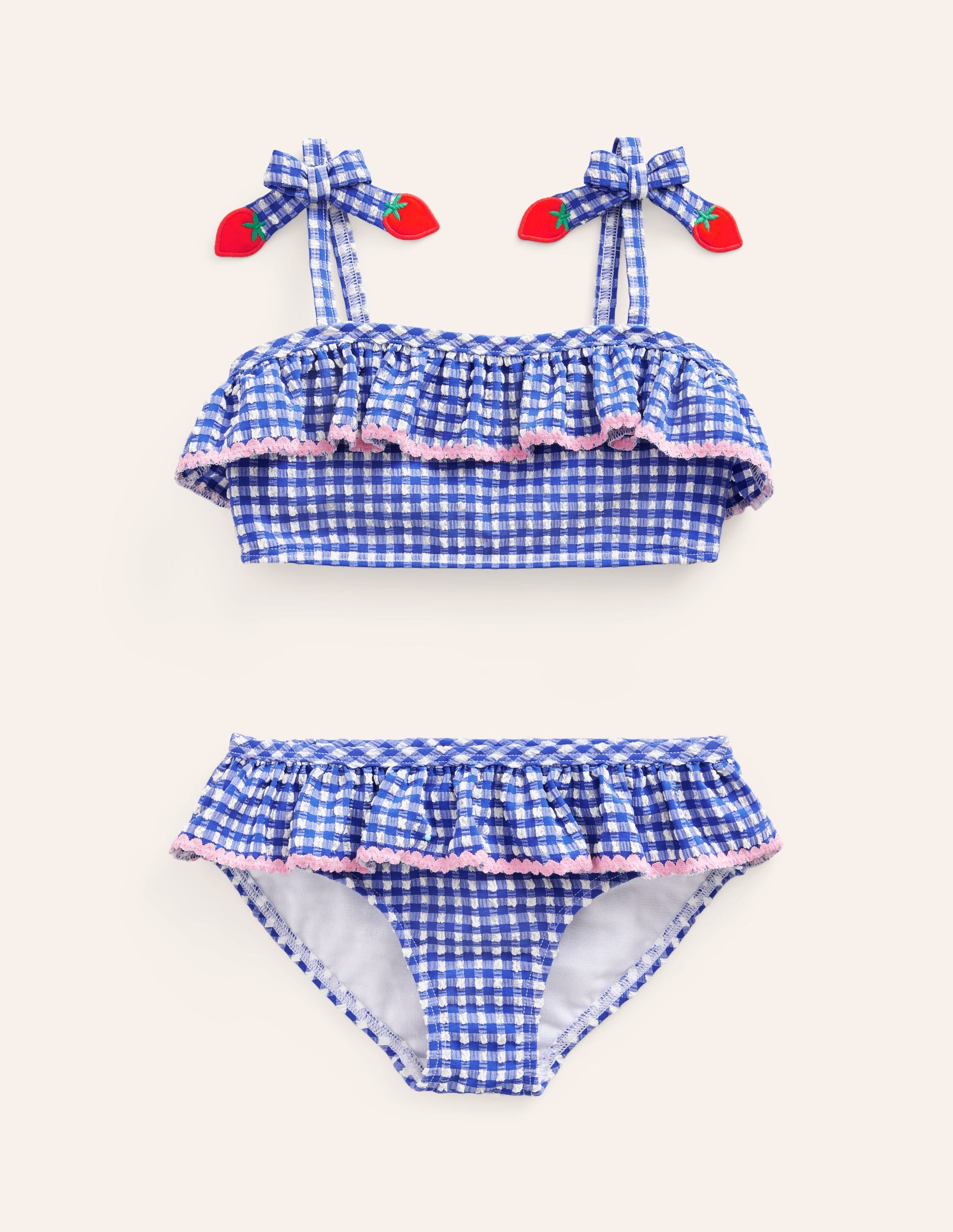 Seersucker Frilly Bikini-Blue Gingham Strawberries-1