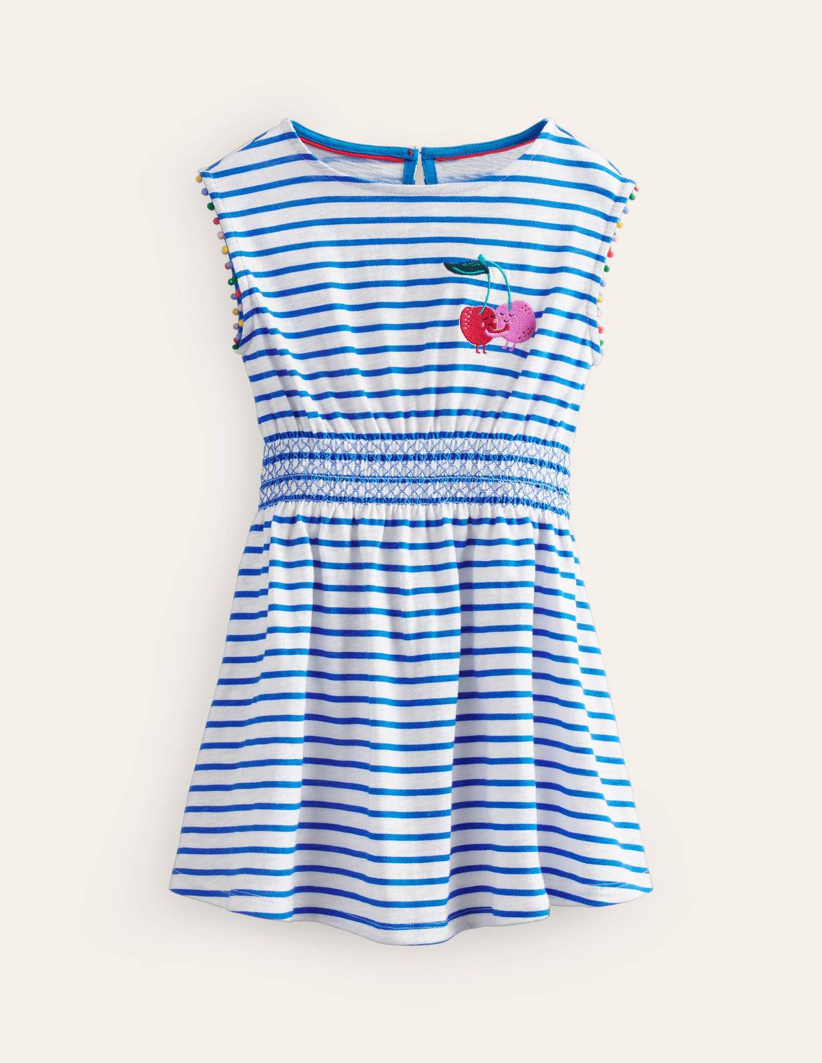 Shirred Waist Jersey Dress-Greek Blue/ Ivory Cherries-1