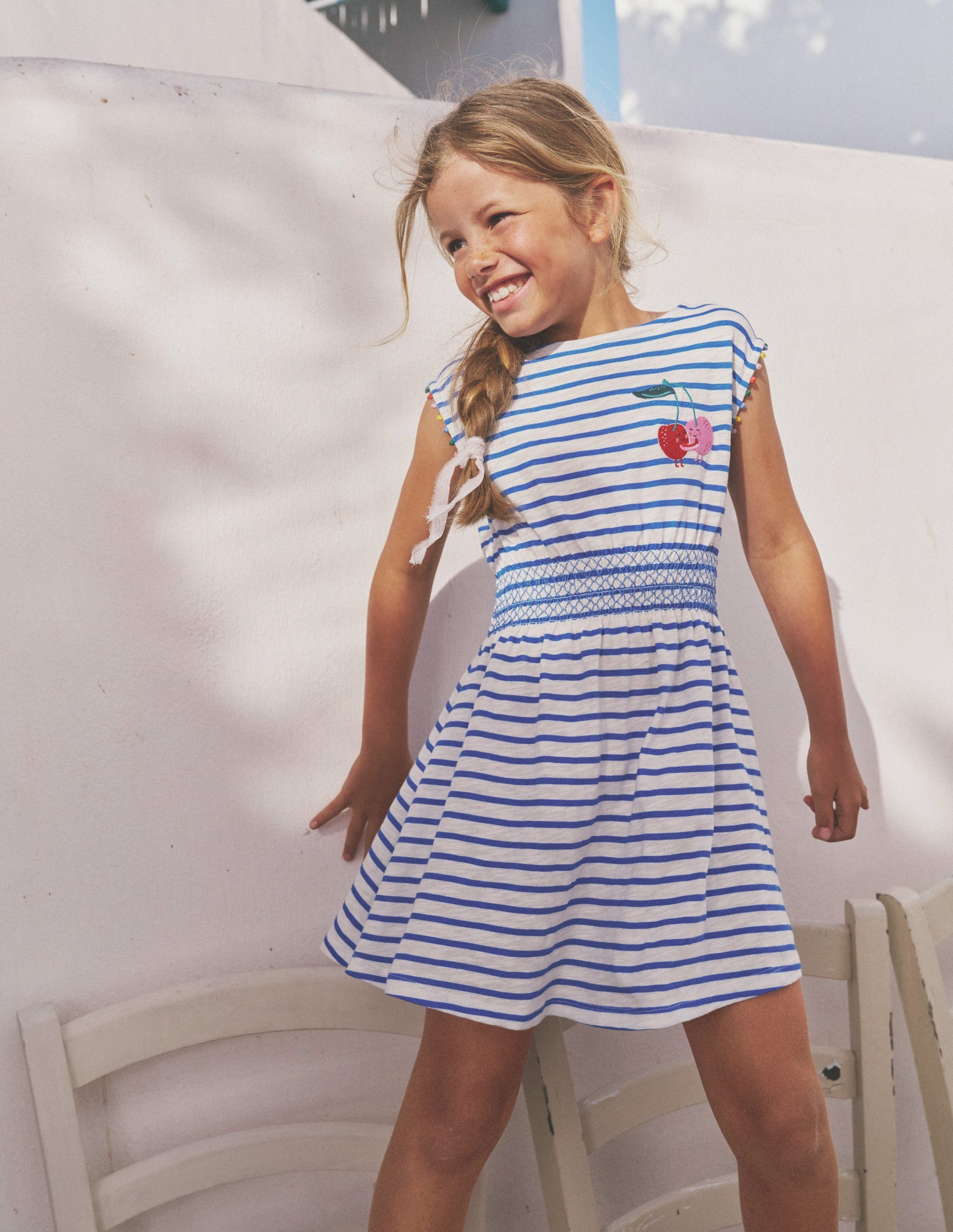 Shirred Waist Jersey Dress-Greek Blue/ Ivory Cherries-4
