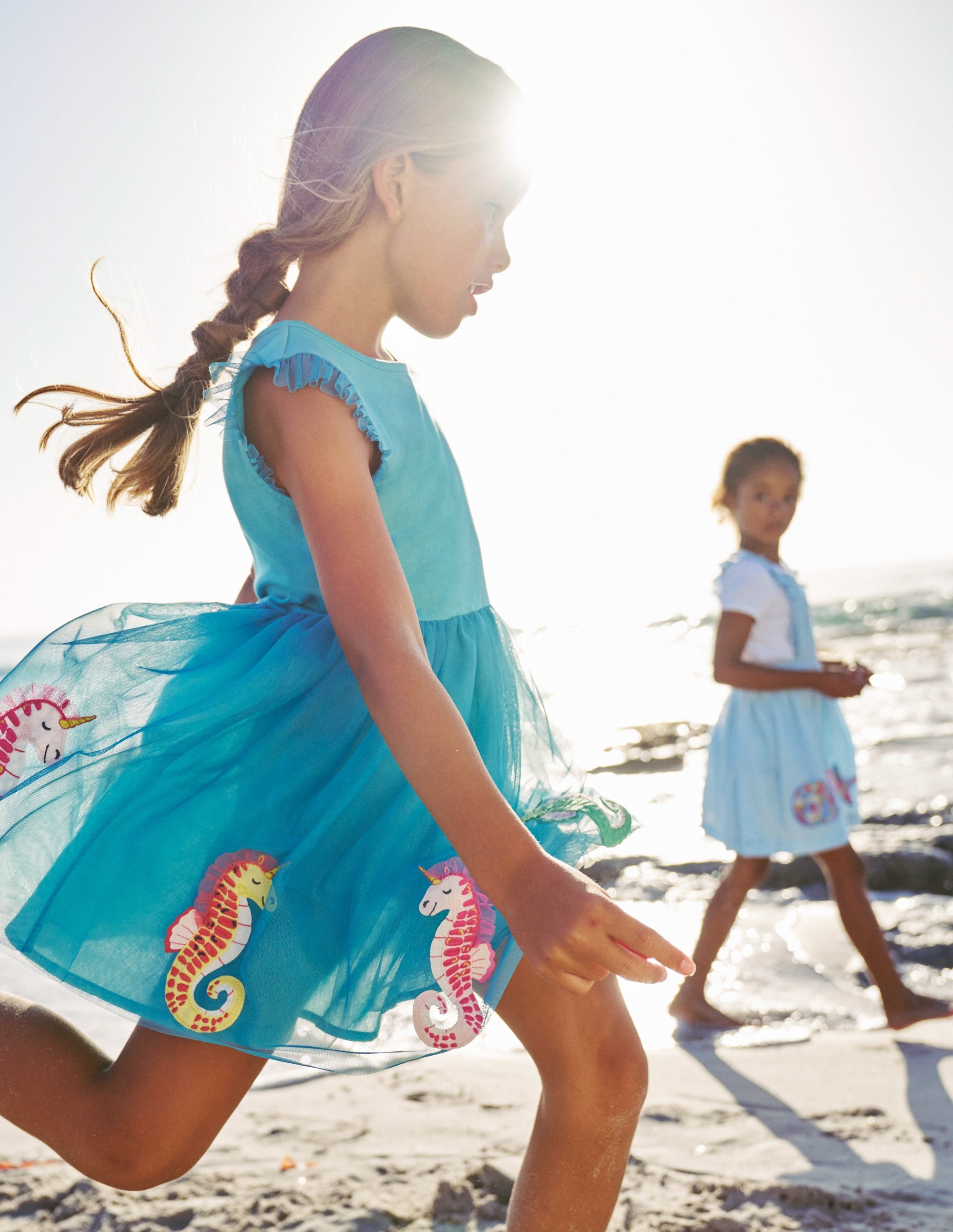 Jersey Tulle Appliqué Dress-Aqua Sea Blue Seahorses - Image 4