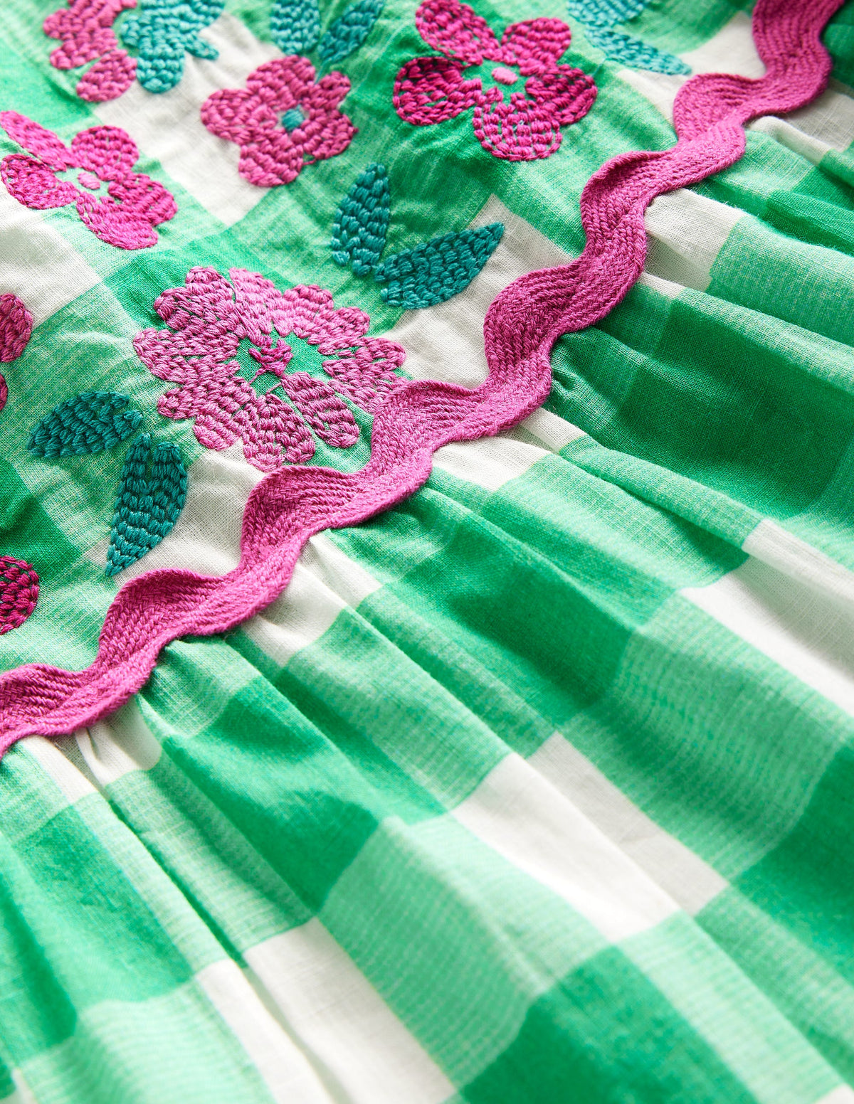 Gingham embroidered dress-Pea Green/ Ivory Gingham-5