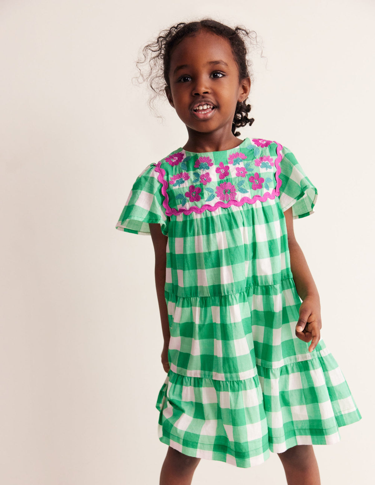 Gingham embroidered dress-Pea Green/ Ivory Gingham - Image 1