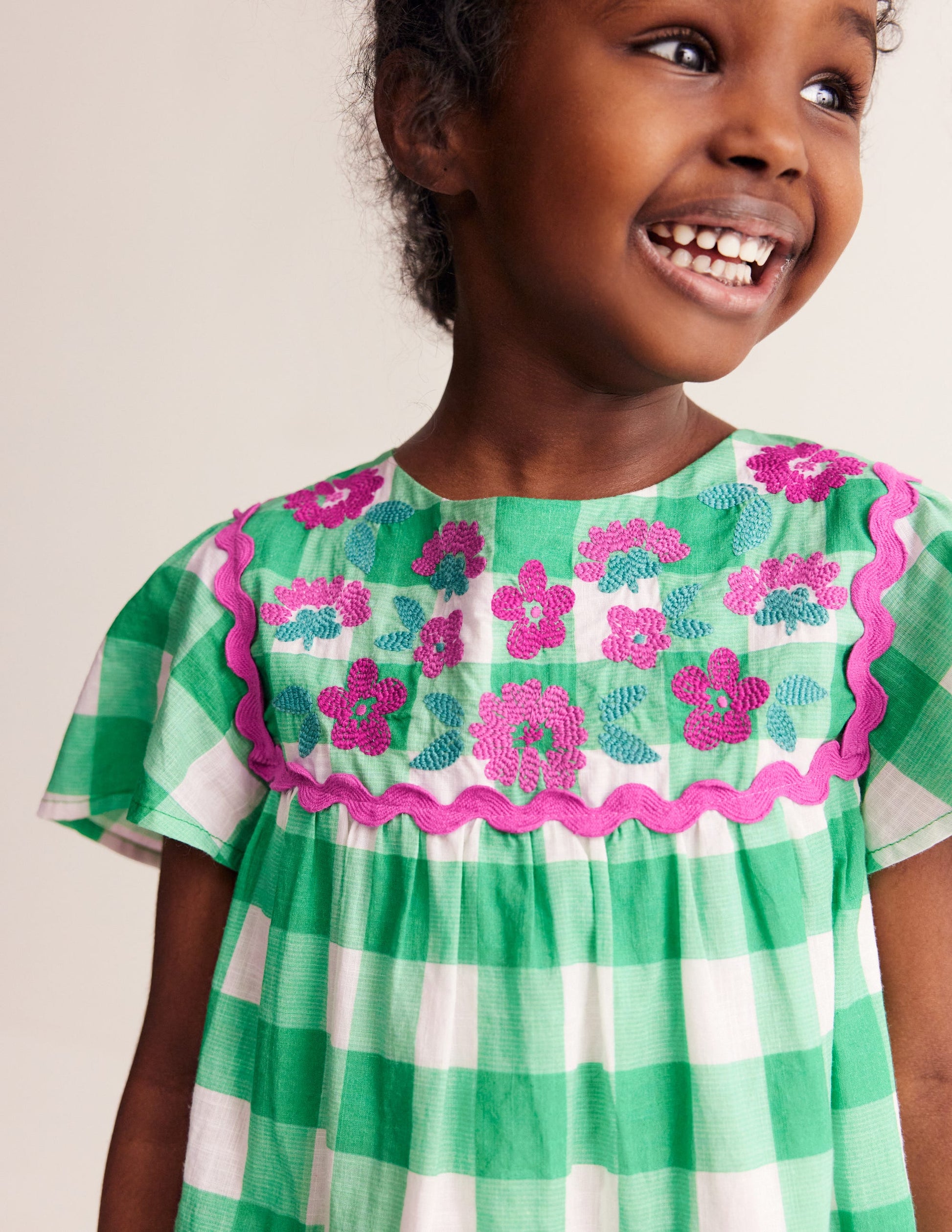 Gingham embroidered dress-Pea Green/ Ivory Gingham-2