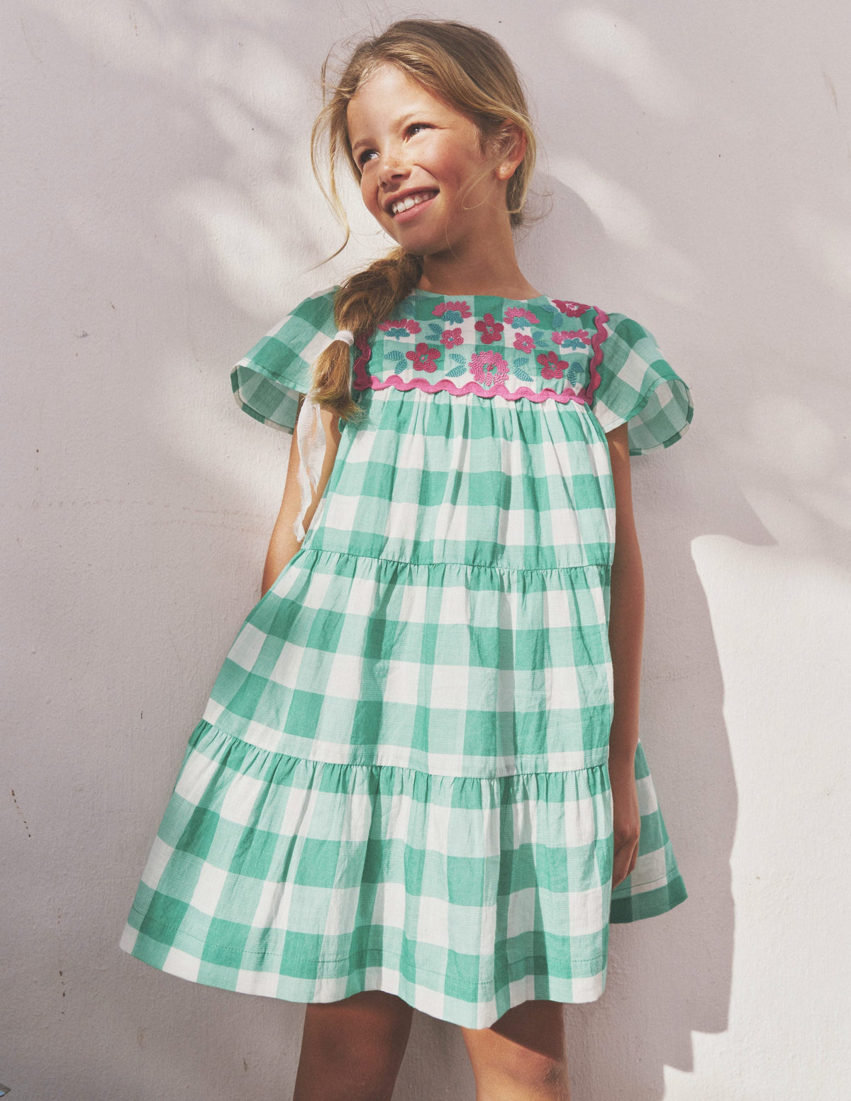 Gingham embroidered dress-Pea Green/ Ivory Gingham-6