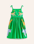 Appliqué Cotton Dress-Sapling Green Safari Animals
