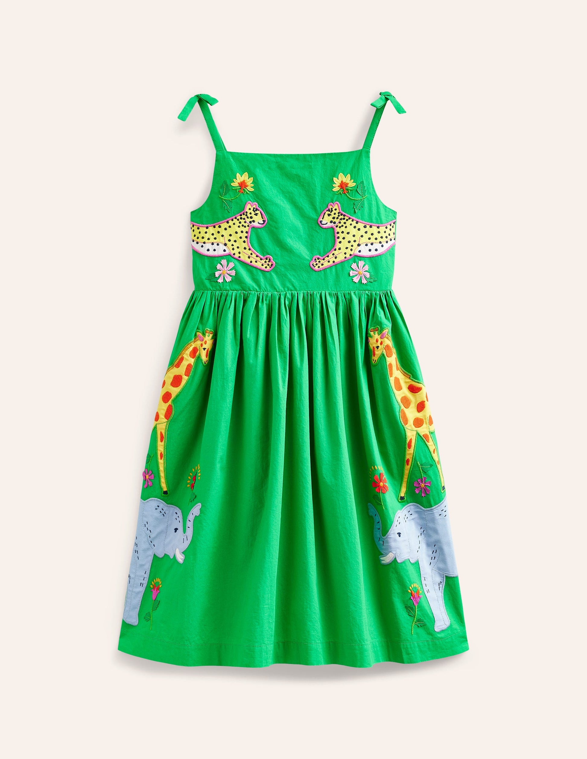 Appliqué Cotton Dress-Sapling Green Safari Animals-1