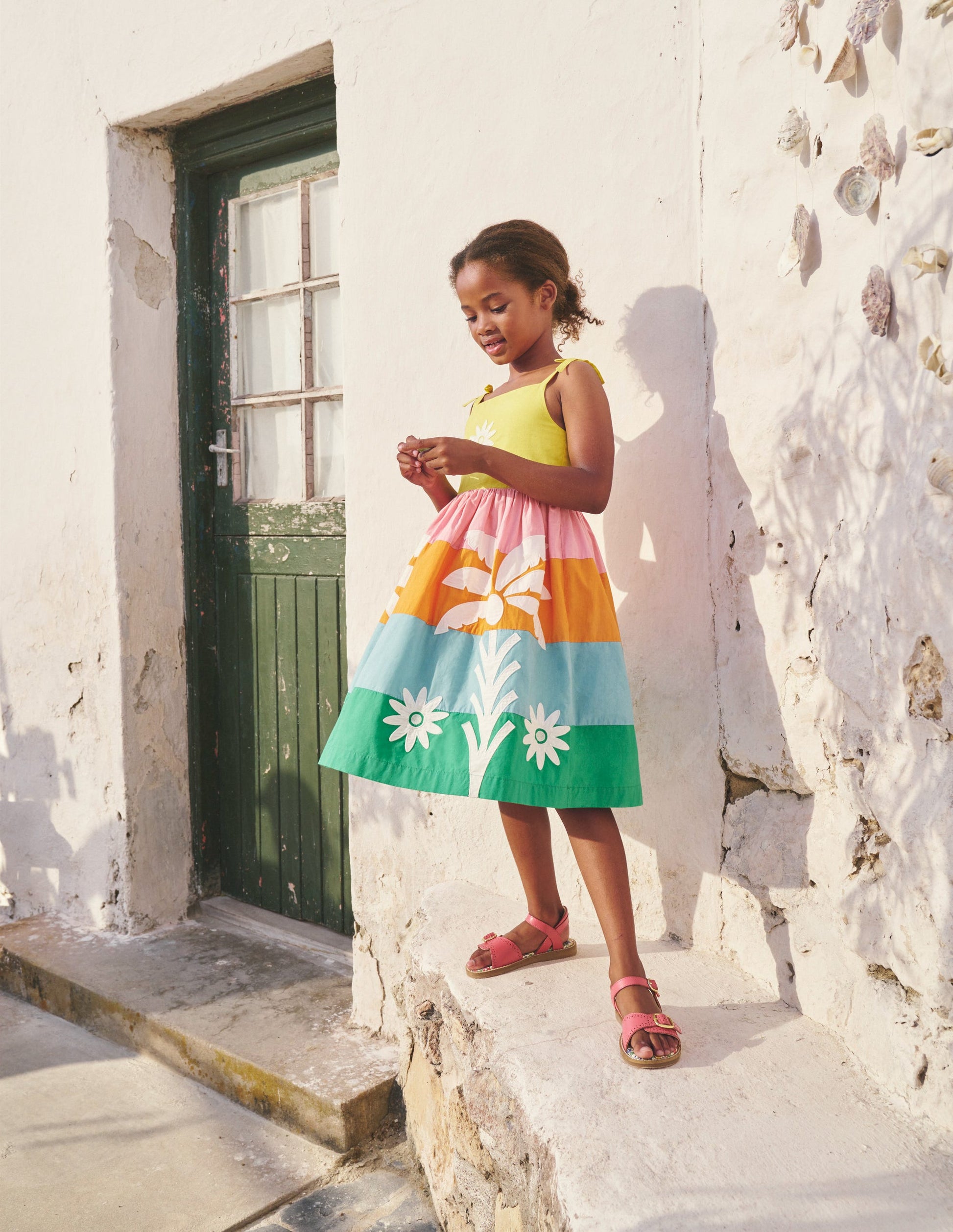 Appliqué Cotton Dress-Multi Colourblock Palms-4