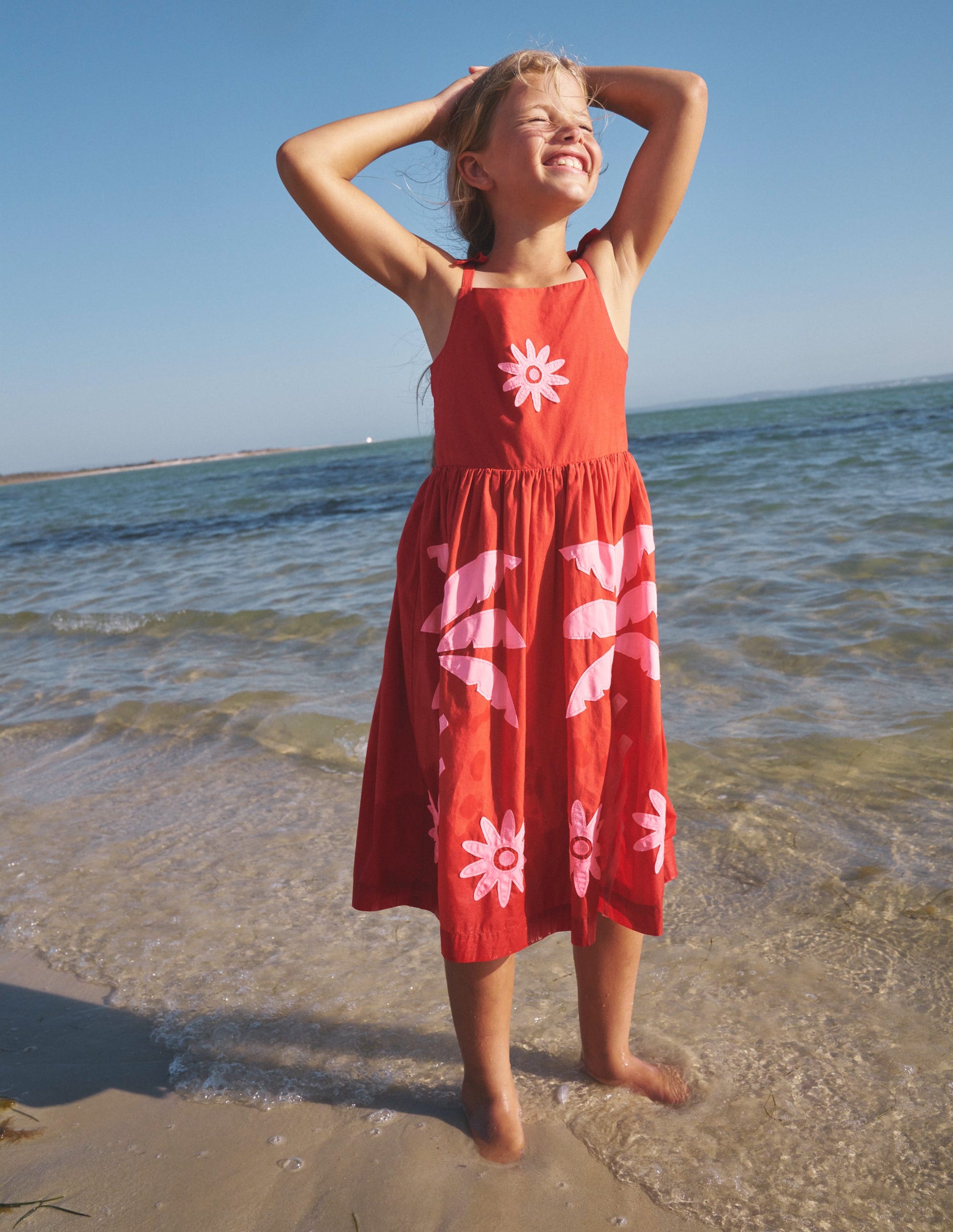 Appliqué Cotton Dress-Poppy Red Palms-4