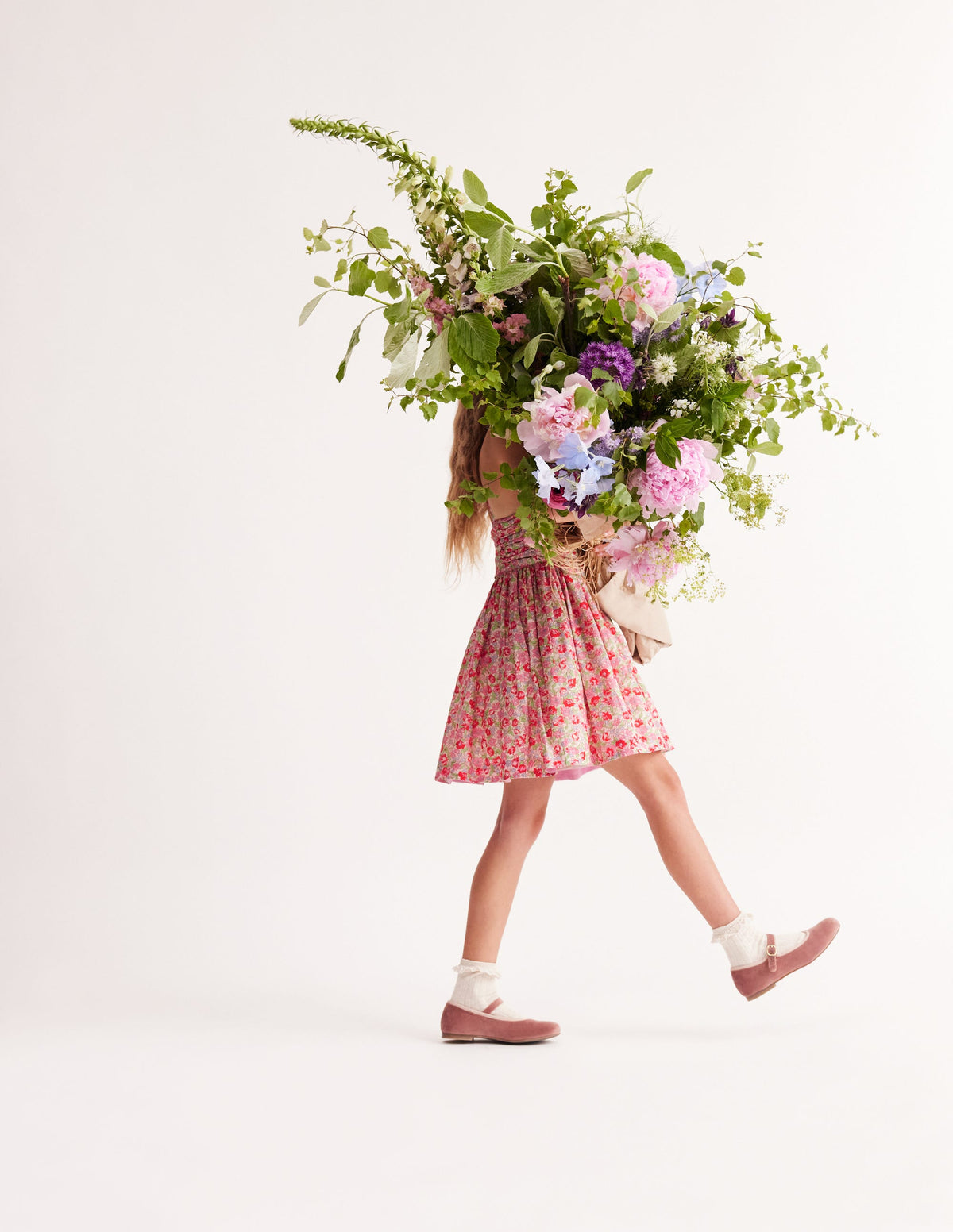 Ruched Cotton Linen Dress-Bubblegum Peony Floral - Image 2