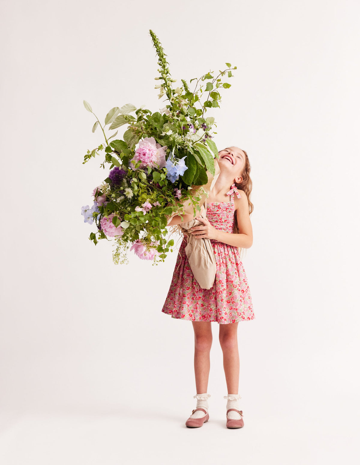 Ruched Cotton Linen Dress-Bubblegum Peony Floral - Image 3