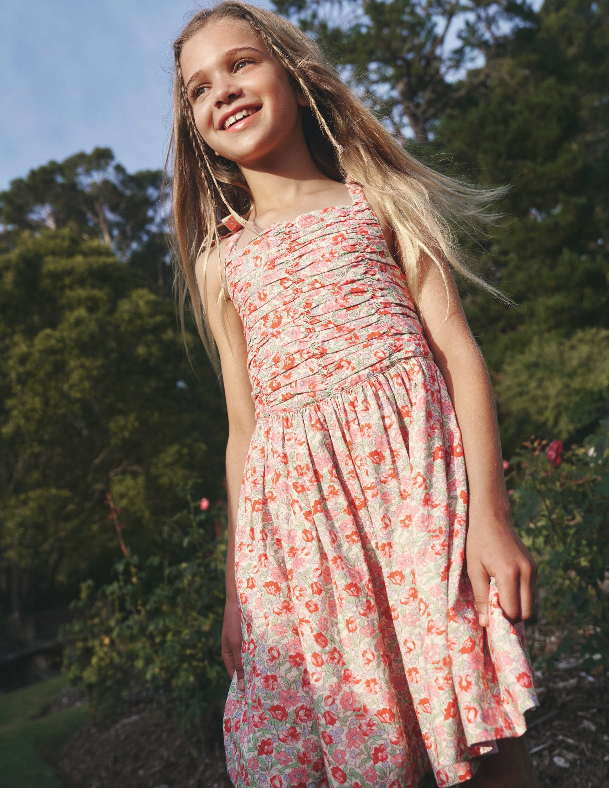 Ruched Cotton Linen Dress-Bubblegum Peony Floral-8