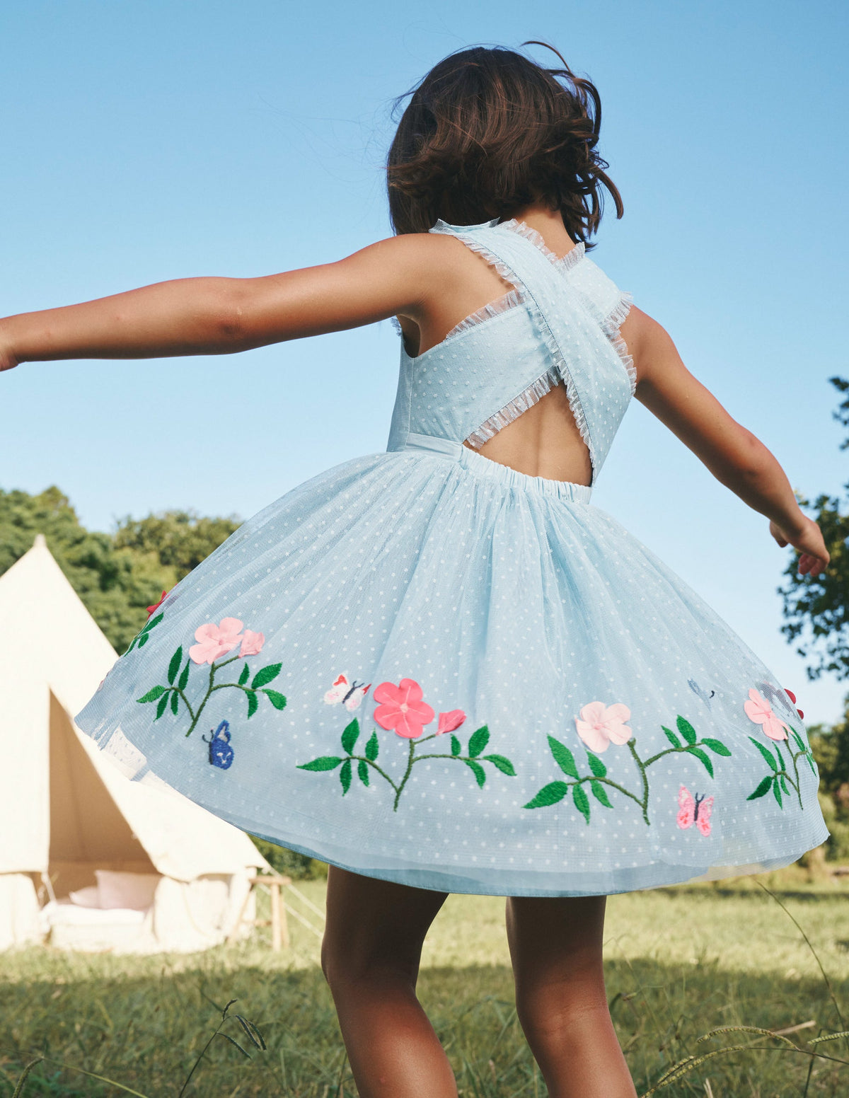 Tulle Cross-Back Dress-Vintage Blue Flowers - Image 4