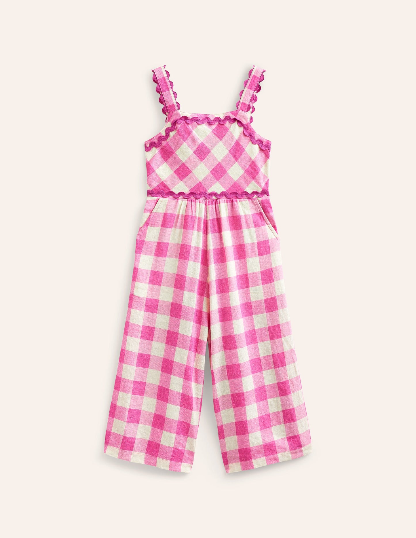 Wide Leg Ric Rac Jumpsuit-Pink Gingham