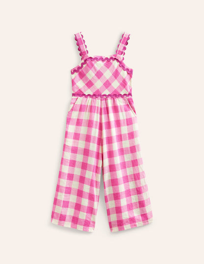 Wide Leg Ric Rac Jumpsuit-Pink Gingham-1