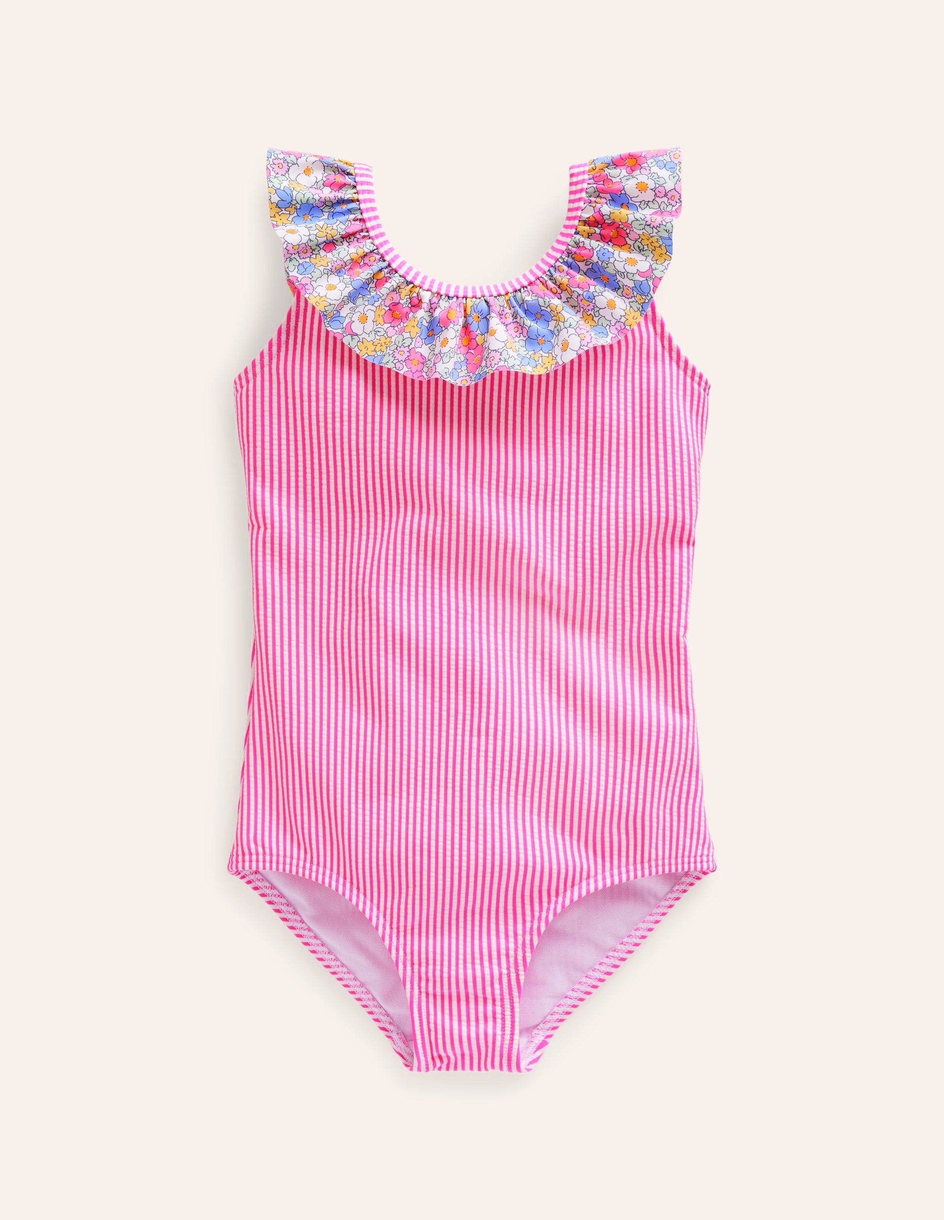 Frill Neck Swimsuit-Festival Pink Ticking Stripe-1
