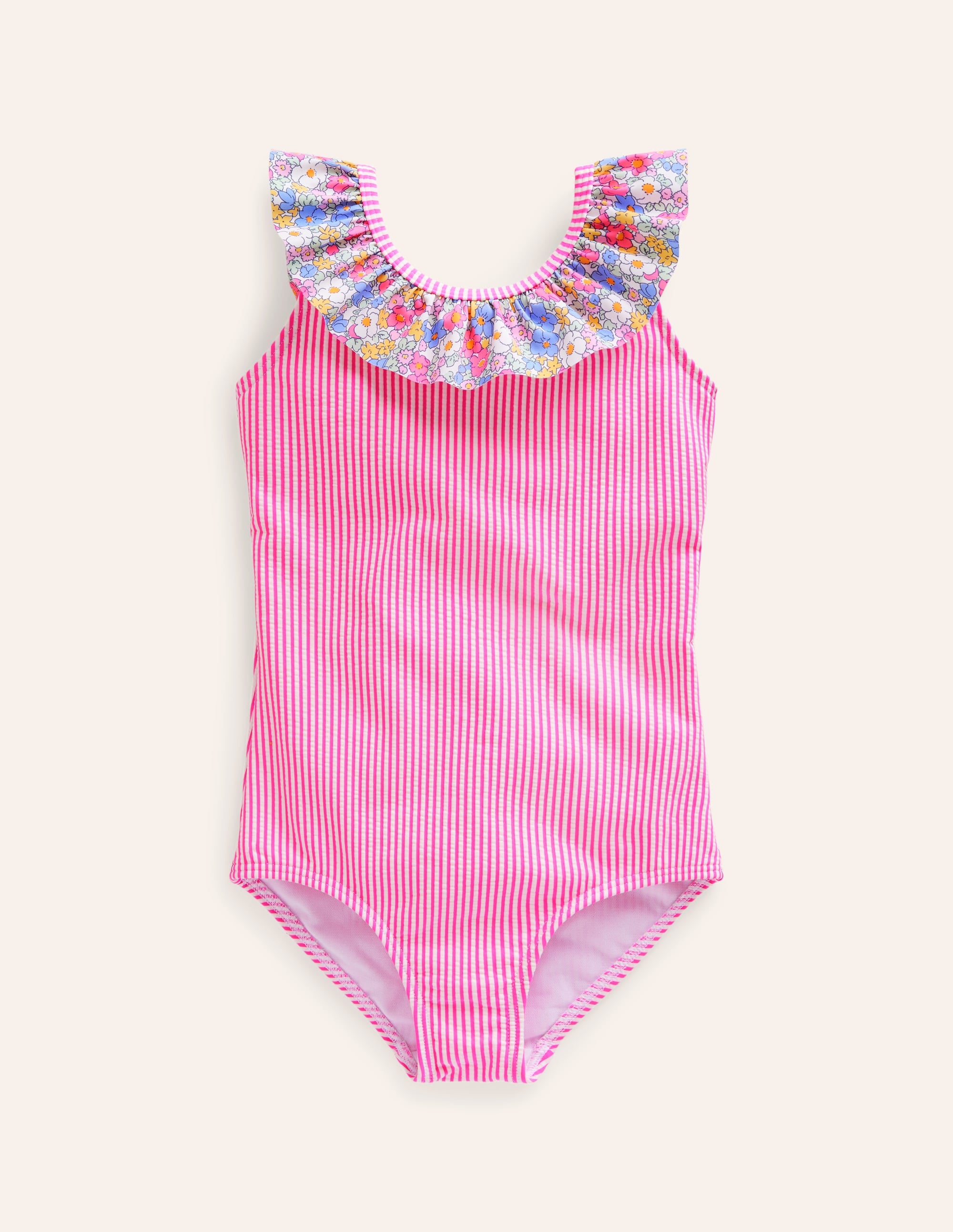 Frill Neck Swimsuit-Festival Pink Ticking Stripe - Image 1