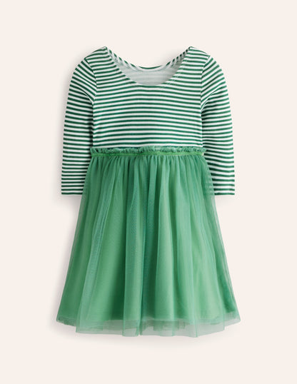 Tilly Rib Jersey Tulle Dress-Green