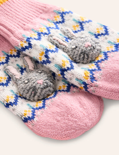 Fair Isle Novelty Mittens-Vintage Pink Bunnies