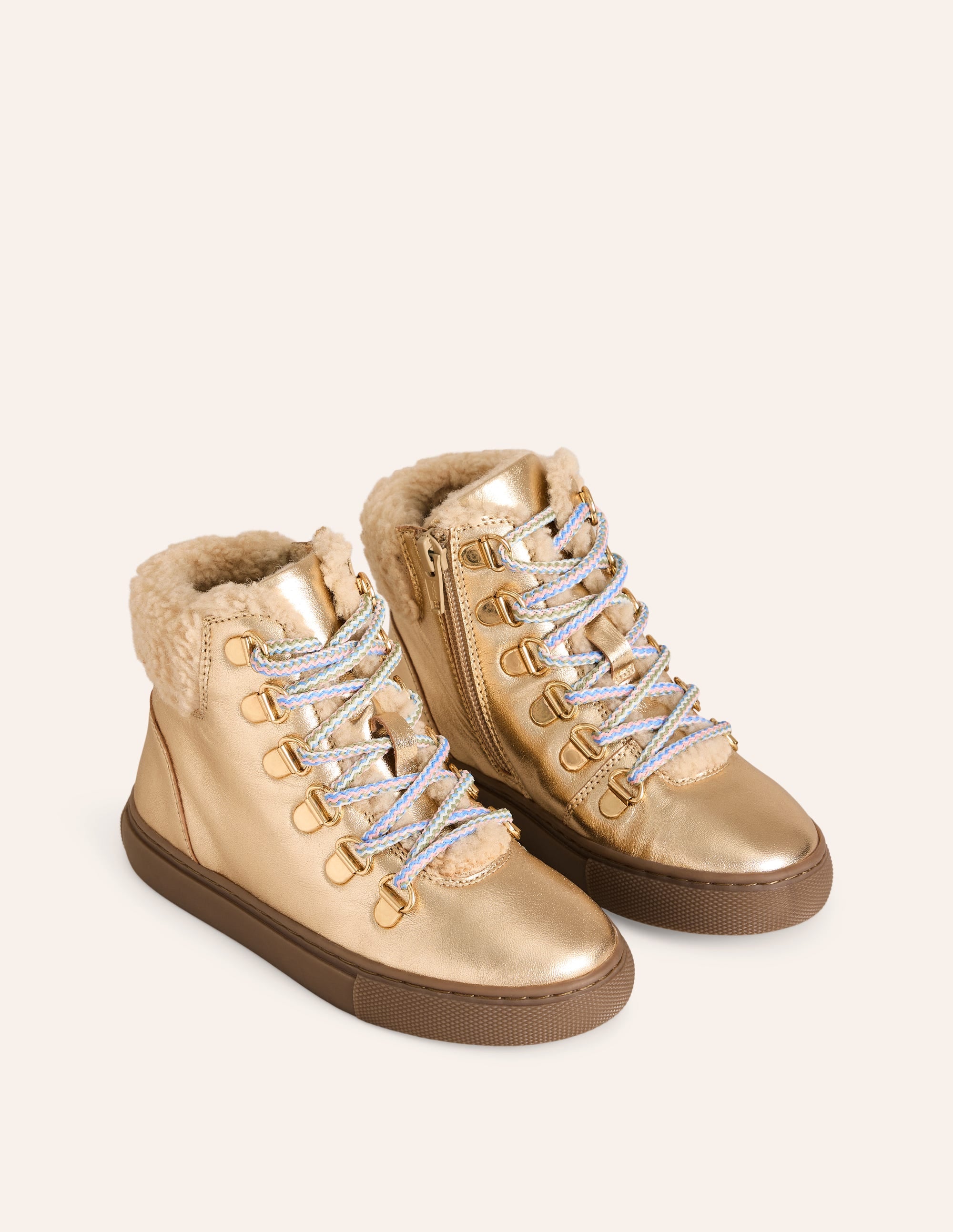 Cosy Leather Lace Up Boots-Pale Gold - Image 2