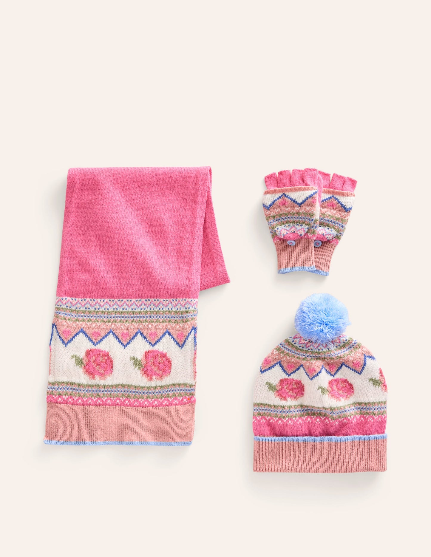 Fair Isle Knitted Set-Rose Petal Pink Flowers