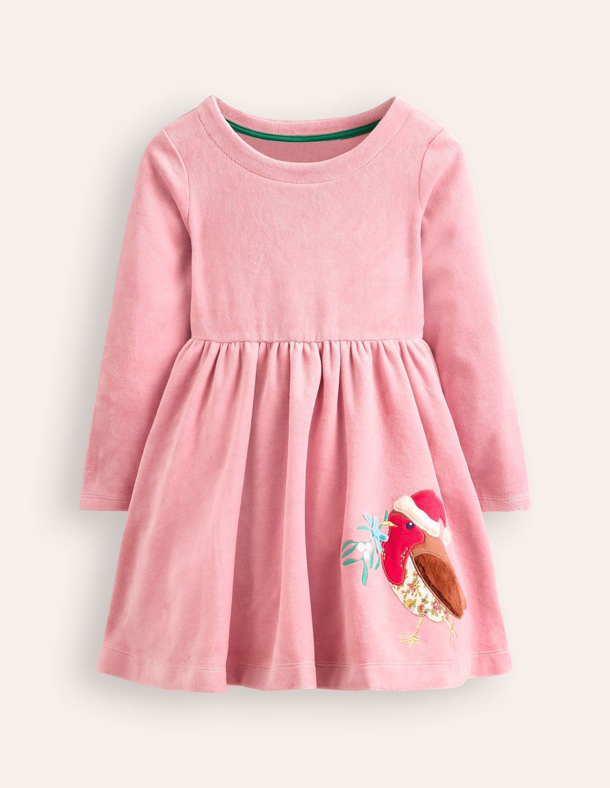 Twirly Velour Appliqué Dress-Almond Pink Robin-1