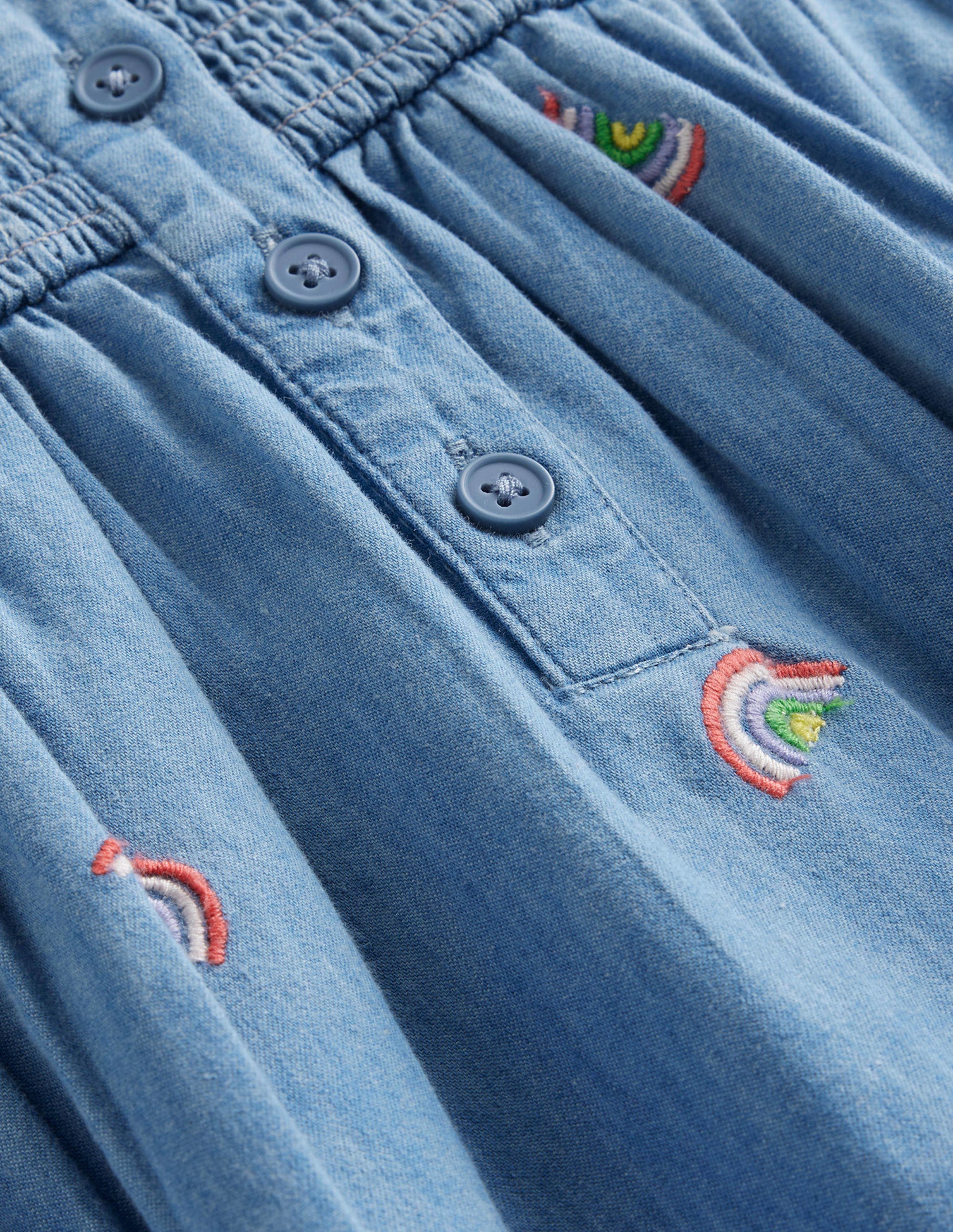 Embroidered Shirred Dress-Scattered Rainbow Embroidery - Image 3