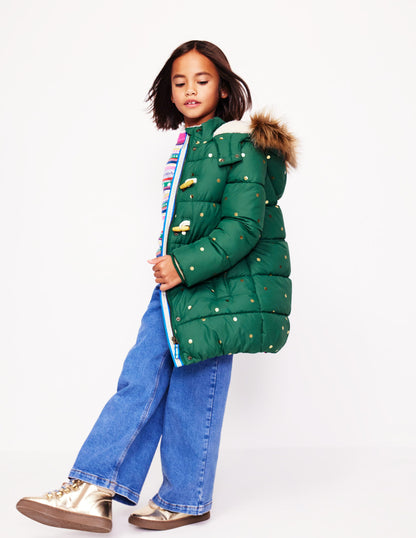 Longline Padded Coat-Jewel Green Gold Foil Confetti