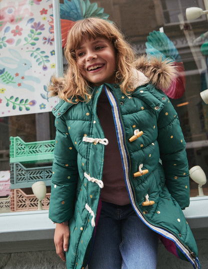 Longline Padded Coat-Jewel Green Gold Foil Confetti