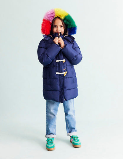 Longline Padded Coat-College Navy Rainbow Fur