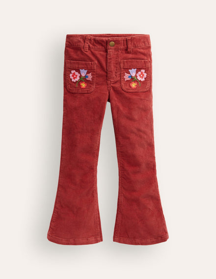 Kick Flare Pants-Barn Red Floral Embroidery